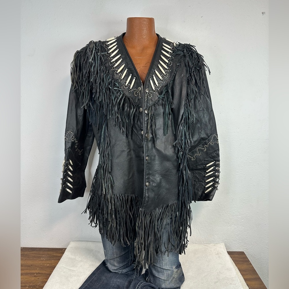 Western World by Shaf Black Leather Fringe Bone Beaded Biker Jacket
